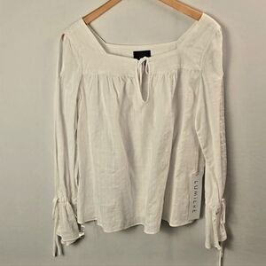 Lumière Square Neck White Longsleeve Cotton Smock Blouse Sz L Cottagecore NWT